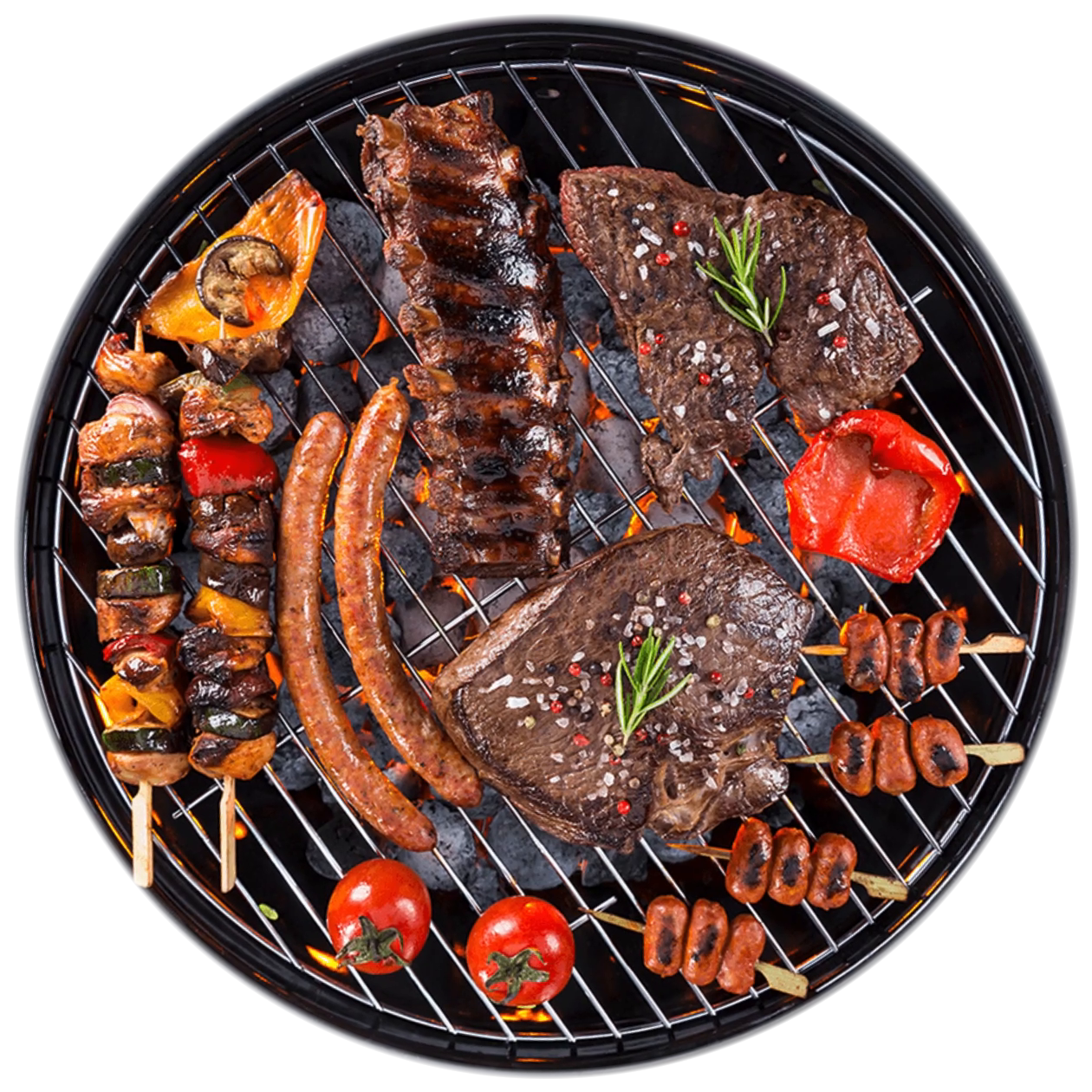 Steaks, sausages, skewers and peppers rotating on a round barbecue grill