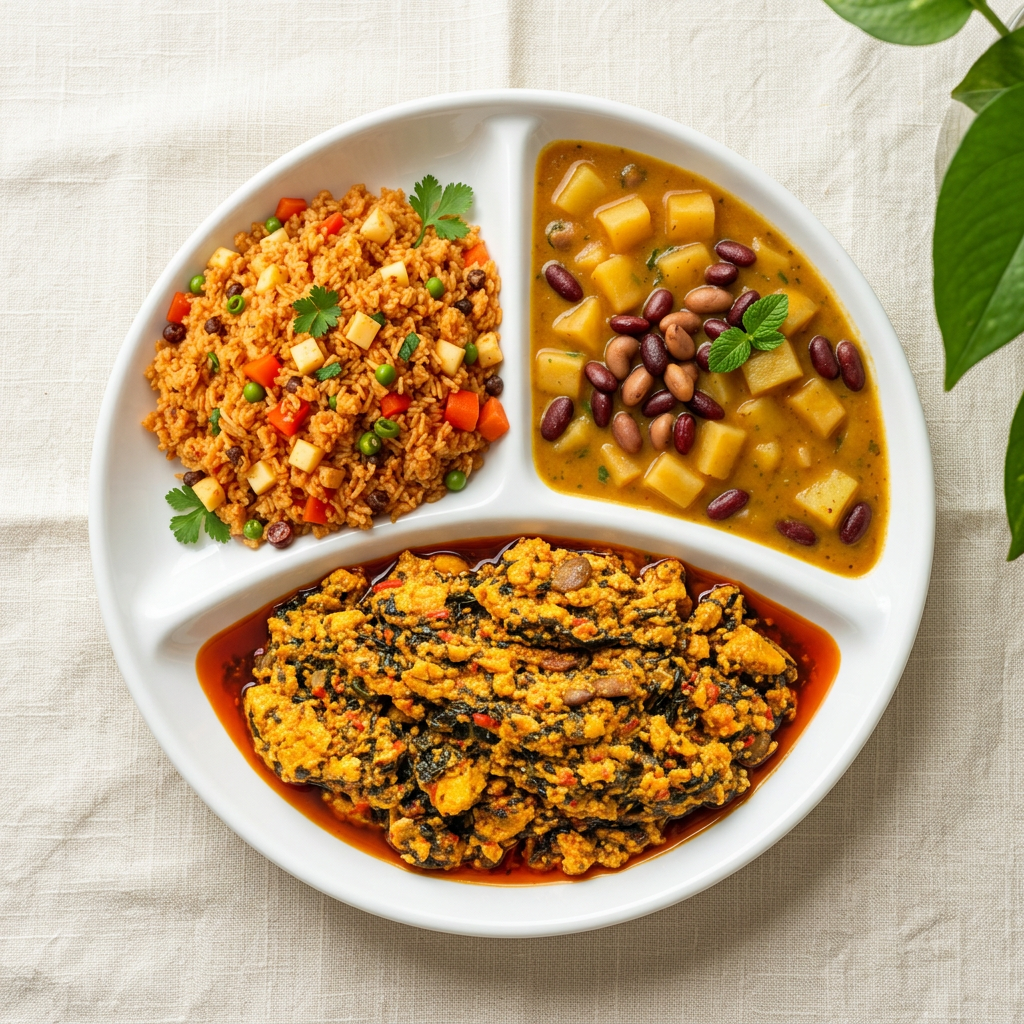 Pureed Afro-Caribbean meal — jollof rice, beans and egusi soup, IDDSI Level 4